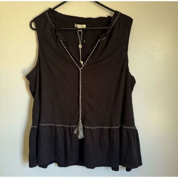 NEW Max Studio Womens Black Gauzy Embroidered Flowy Tassle Top 1X  Boho Western - Picture 3 of 11